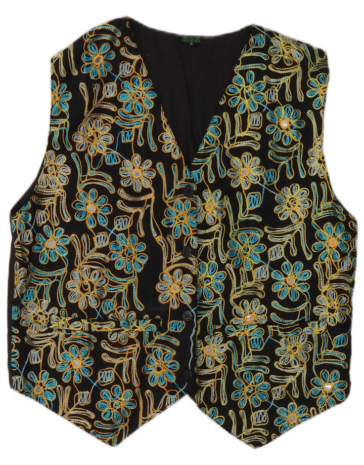 Colete feminino VINTAGE UK 14 algodão floral preto médio