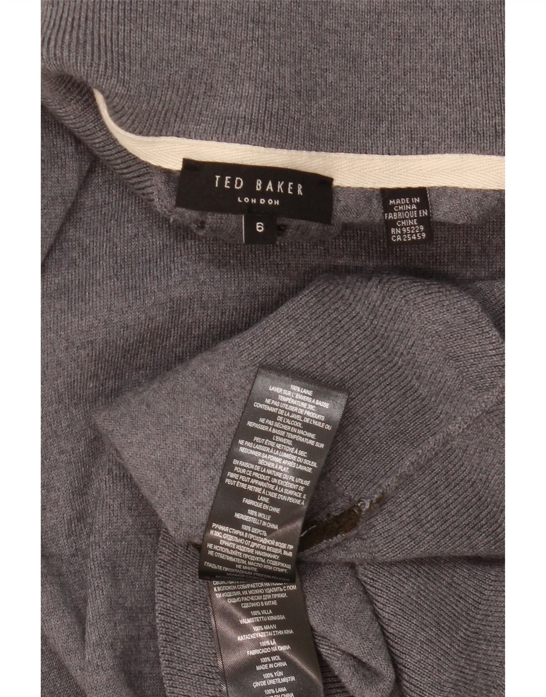 Suéter masculino TED BAKER com zíper e pescoço tamanho 6 2XL lã cinza