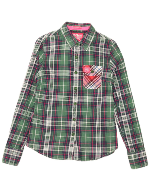 Camisa de flanela feminina Superdry UK 10 pequeno algodão xadrez verde