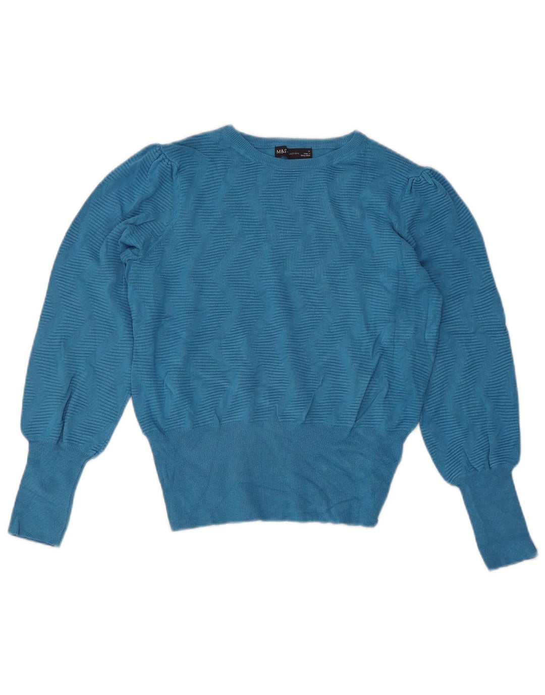 Suéter feminino Marks & Spencer com gola redonda Reino Unido 14 azul médio geométrico