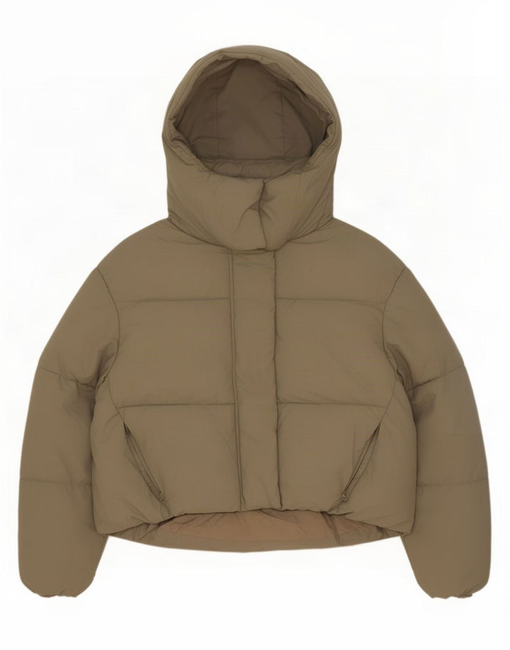 Jaqueta acolchoada com capuz grande Zara para mulher UK 6 XS cáqui poliéster