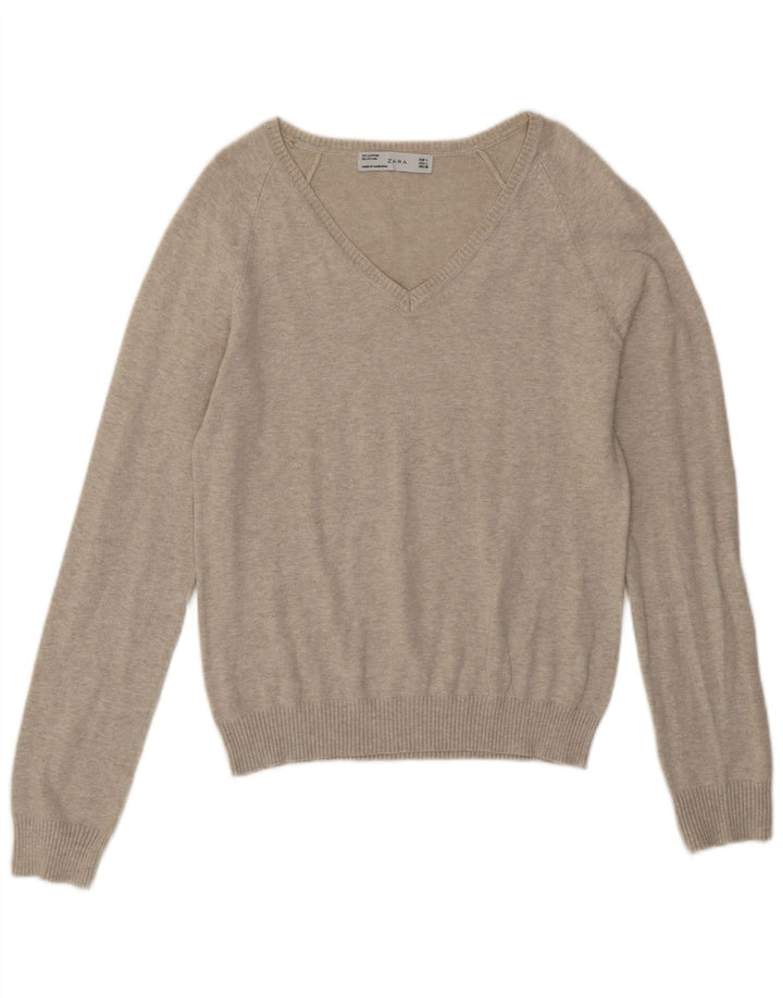 Suéter feminino Zara com decote em V Reino Unido 14 grande bege