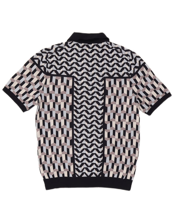 Suéter masculino Reiss de manga curta com gola polo, azul marinho médio geométrico