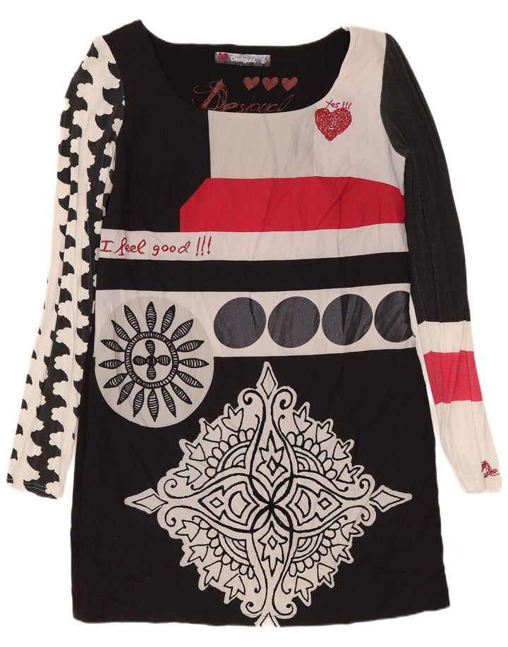 DESIGUAL Vestido feminino de manga comprida com bainha gráfica UE 42 grande preto floral