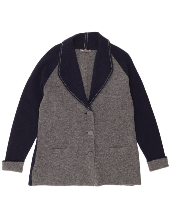 Suéter cardigã feminino Laura Ashley UK 14 grande cinza colorido bloco de lã de cordeiro