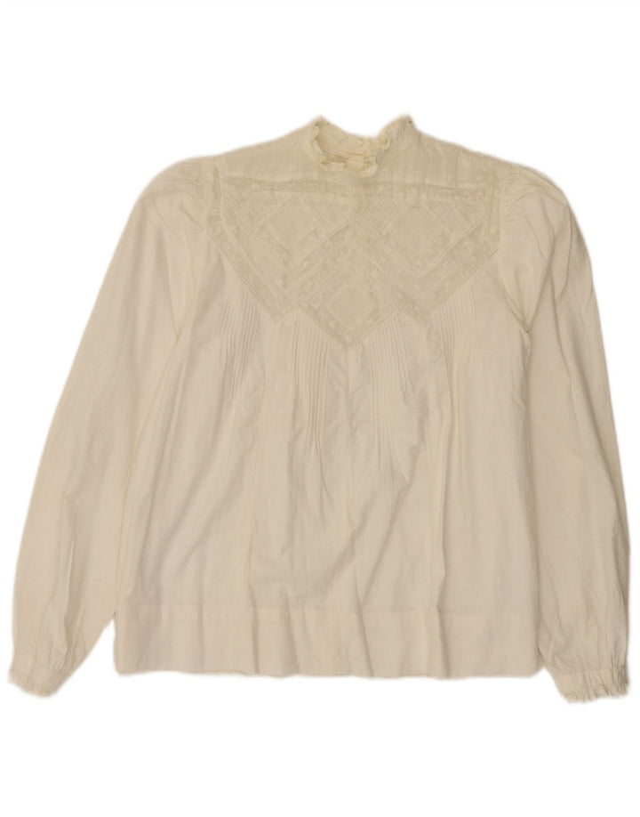 Blusa feminina vintage de manga comprida UK 14 médio branco floral