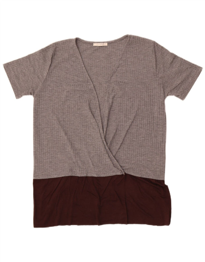 Blusa feminina Zara UK 16 grande bloco colorido cinza