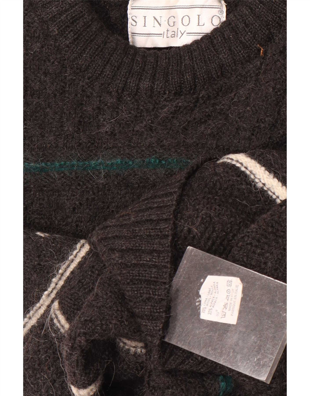 Suéter vintage masculino com gola redonda, lã listrada cinza médio