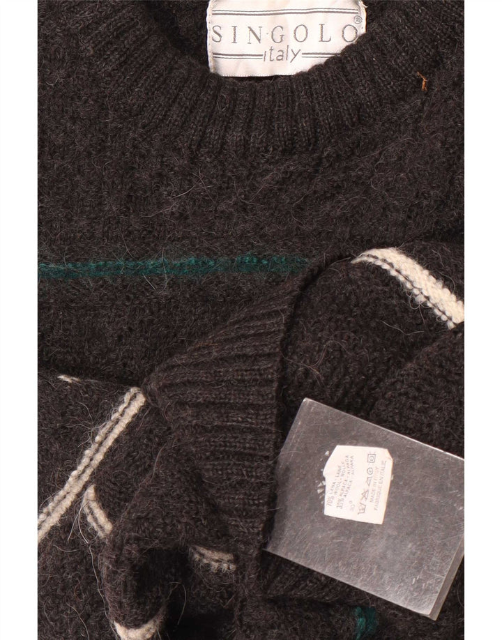 Suéter vintage masculino com gola redonda, lã listrada cinza médio