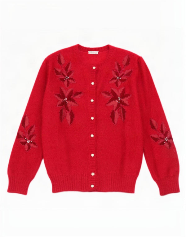 Suéter Cardigan Feminino Vintage Reino Unido 16 Grande Floral Vermelho