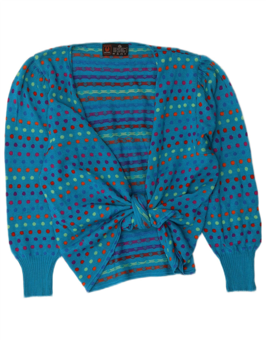 Suéter cardigã feminino Stefanel com gravata frontal Reino Unido 16 grande lã azul de bolinhas