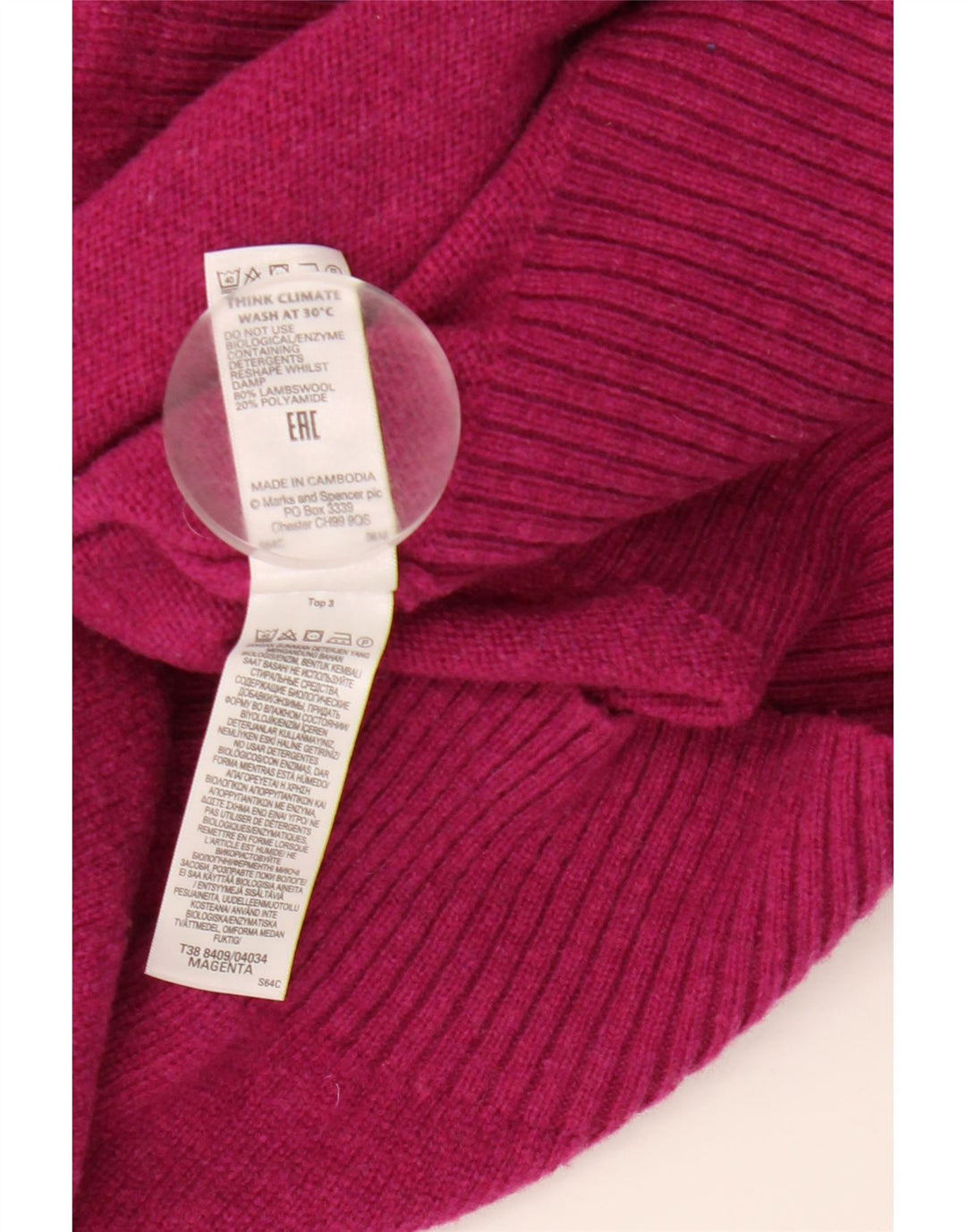 Suéter feminino Marks & Spencer com gola redonda Reino Unido 16 lã de carneiro rosa grande