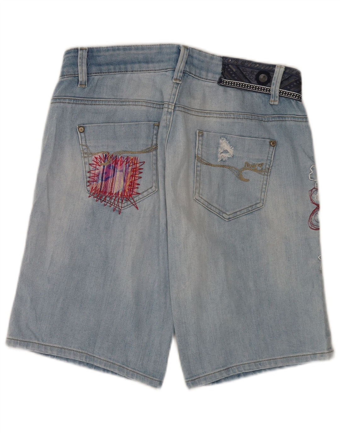 Shorts jeans feminino Desigual com estampa gráfica envelhecida W28 azul médio floral
