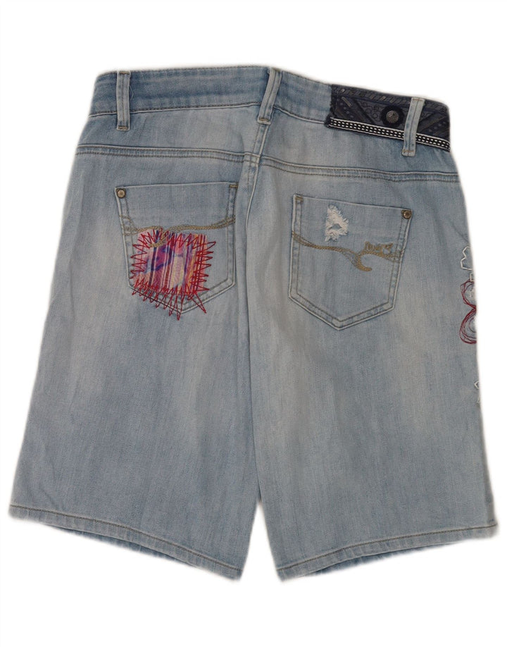 Shorts jeans feminino Desigual com estampa gráfica envelhecida W28 azul médio floral