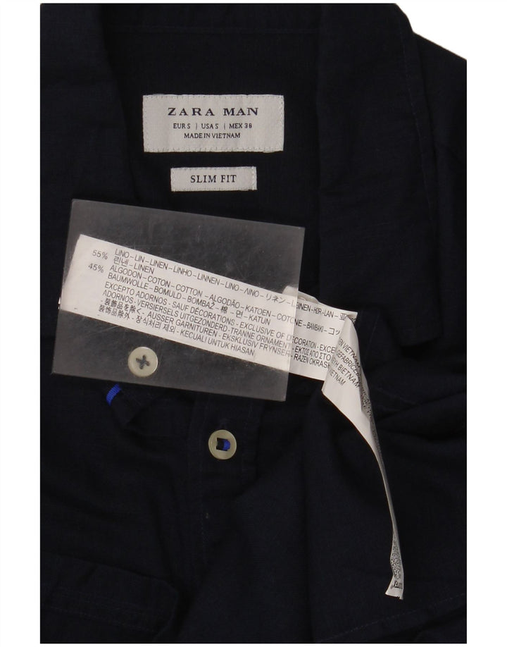 Camisa masculina Zara Slim Fit pequena linho azul marinho