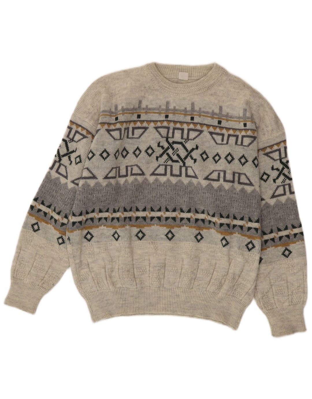 Suéter vintage masculino com gola redonda IT 50 acrílico geométrico cinza médio