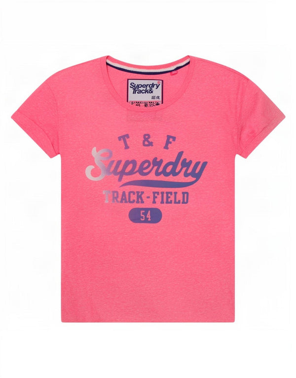 Camiseta feminina Superdry com estampa gráfica UK 14 poliéster manchado rosa médio