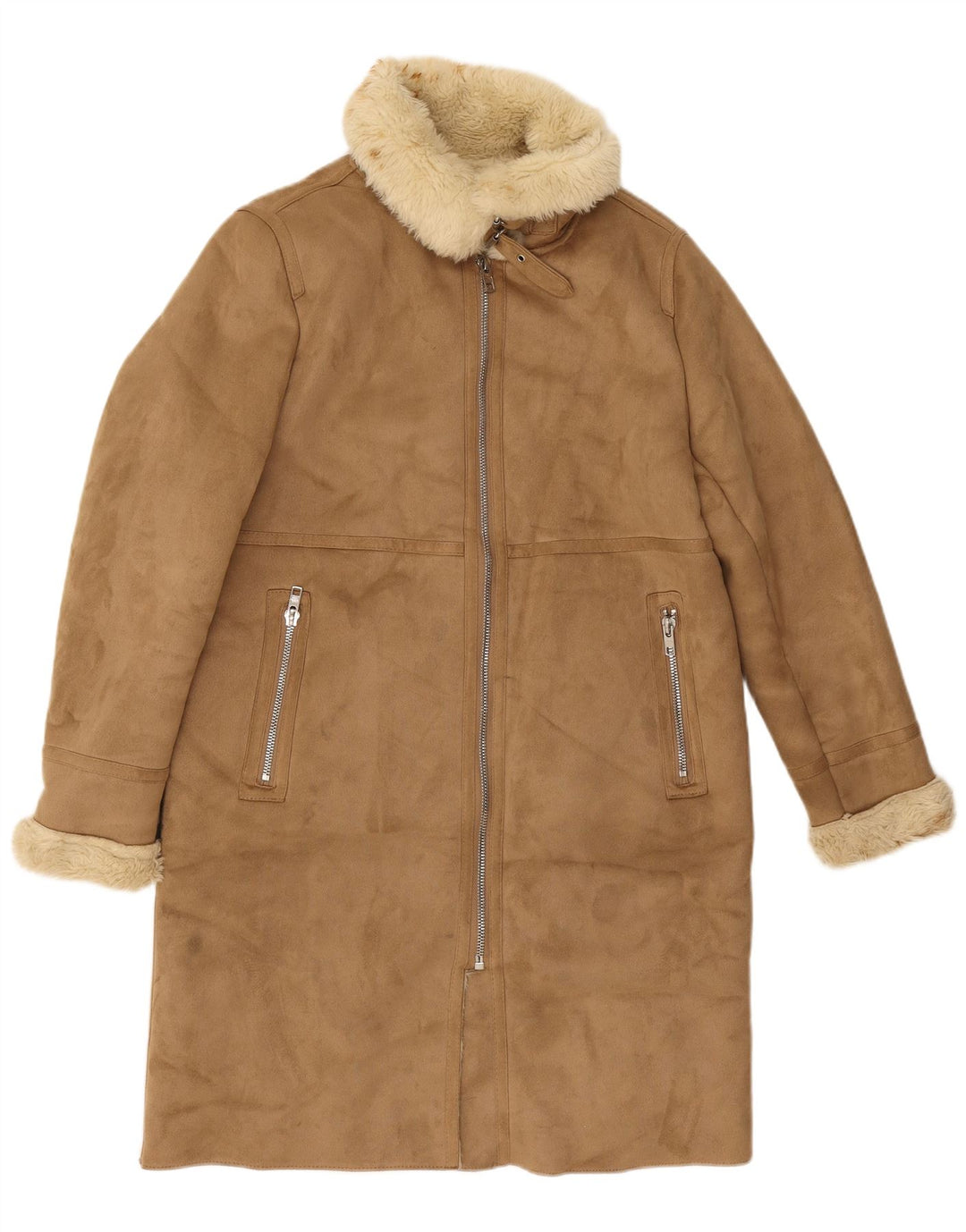 Sobretudo feminino Sherpa Zara UK 14 poliéster bege médio