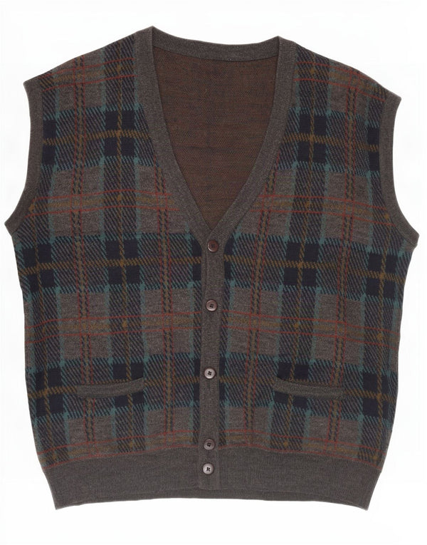 Suéter cardigã masculino vintage sem mangas IT 54 XL lã xadrez cinza