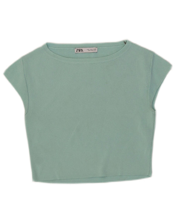 Zara Camiseta Feminina Crop Top UK 12 Médio Turquesa Viscose