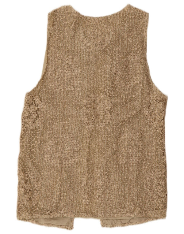 Cardigan feminino sem mangas vintage UK 14 floral bege médio