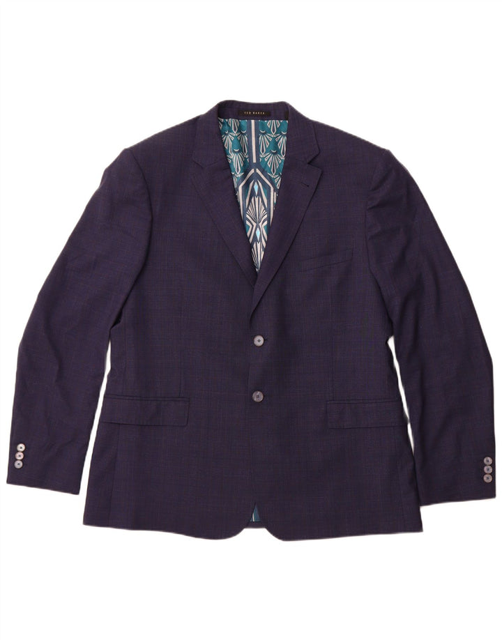 Jaqueta blazer masculina de 2 botões TED BAKER Reino Unido 44 2XL lã xadrez azul marinho