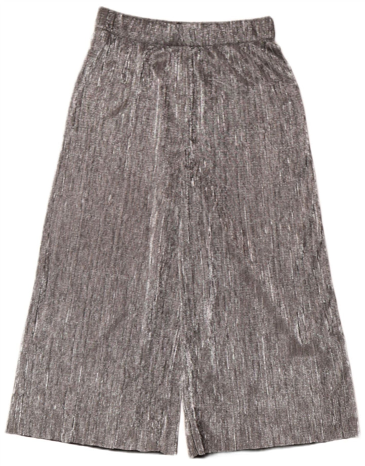 ZARA Calça capri feminina de perna larga XS W24 L20 poliéster prateado