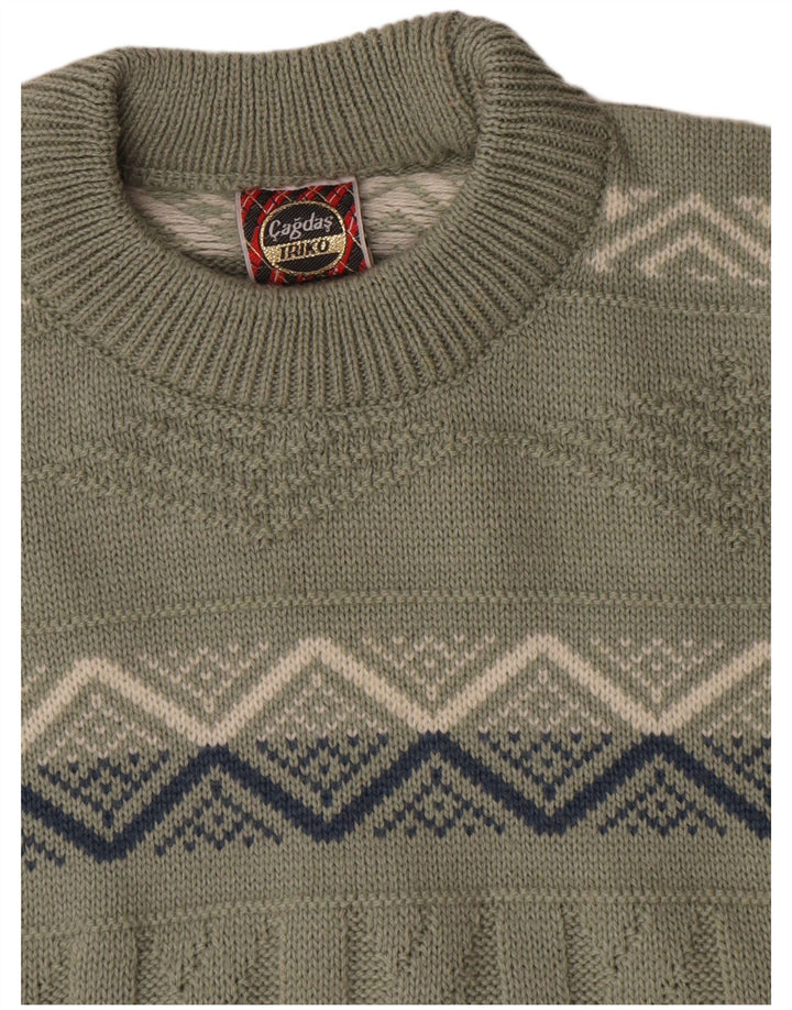 Suéter vintage masculino com gola redonda, algodão geométrico cáqui médio