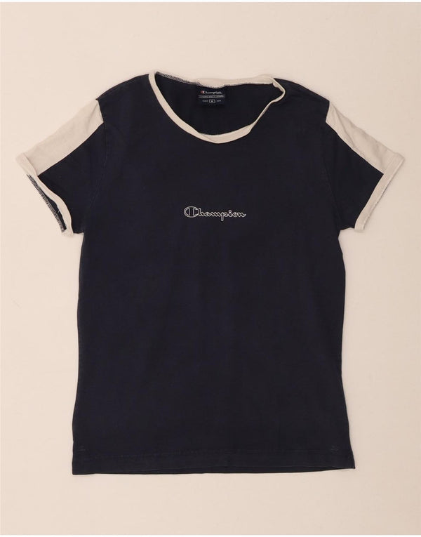 Camiseta feminina estampada Champion UK 12 bloco colorido azul marinho médio