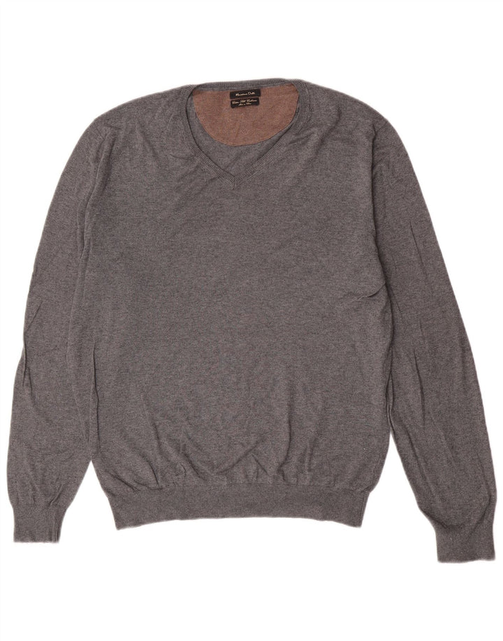 Suéter masculino Massimo Dutti com decote em V grande algodão cinza clássico