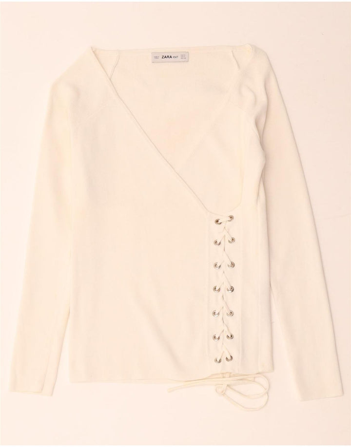 Blusa feminina Zara manga comprida envolvente Reino Unido 8 pequena viscose branca