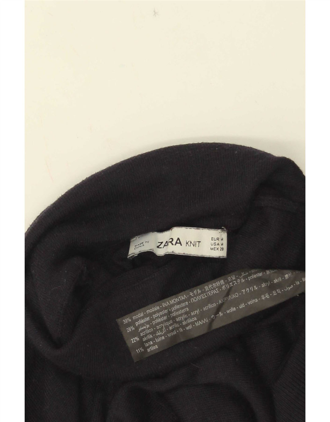 Suéter feminino Zara com gola redonda e gola alta Reino Unido 12 médio azul marinho modal