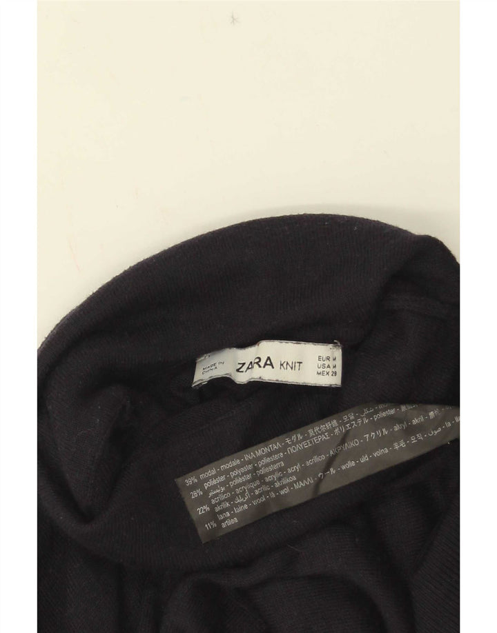 Suéter feminino Zara com gola redonda e gola alta Reino Unido 12 médio azul marinho modal