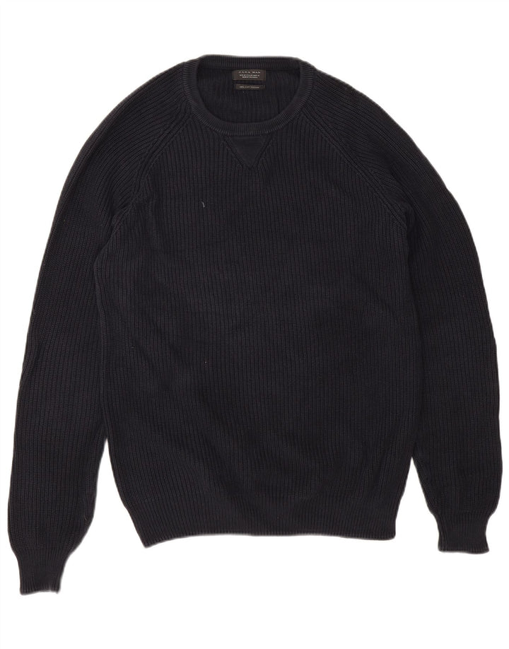 Zara Suéter masculino com gola redonda e algodão azul marinho médio