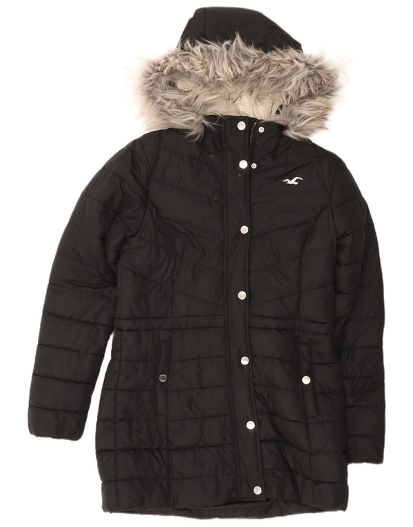 Casaco acolchoado Sherpa feminino com capuz Hollister UK 14 poliéster preto médio