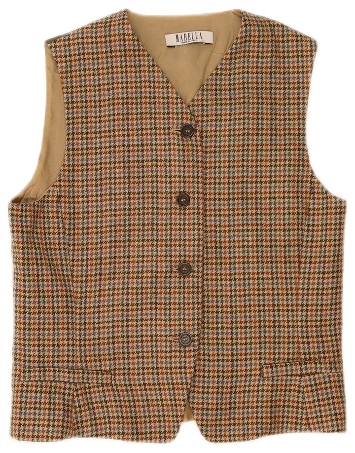 Colete feminino Marella UK 14 grande lã houndstooth bege