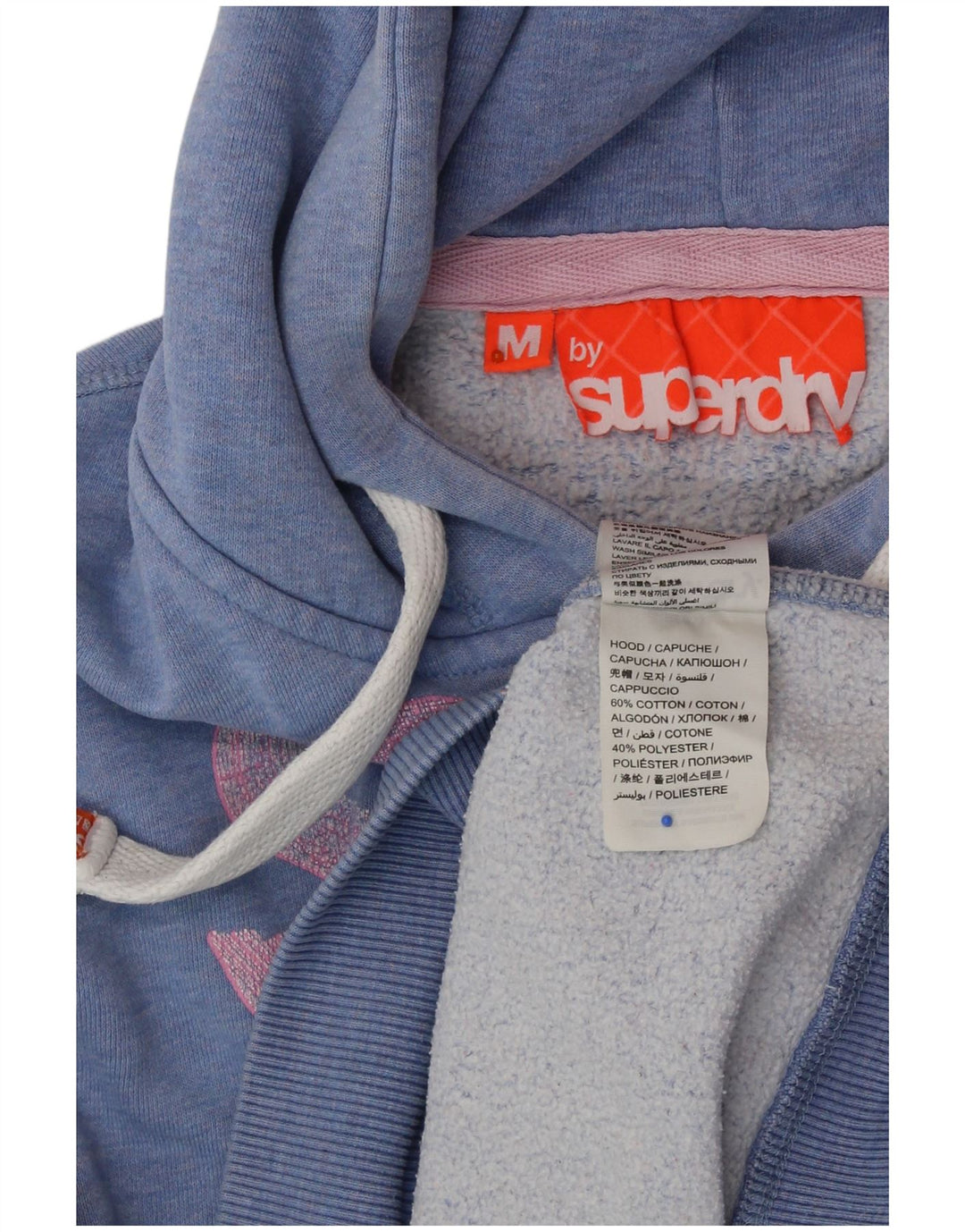 Jumper feminino com capuz gráfico SUPERDRY UK 14 algodão manchado azul médio