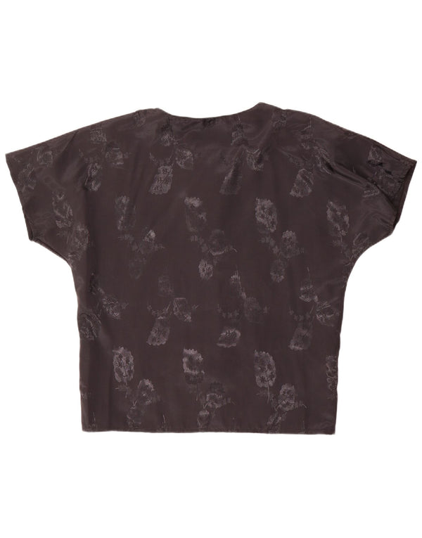 Blusa feminina vintage de manga curta UK 20 2XL poliéster floral preto