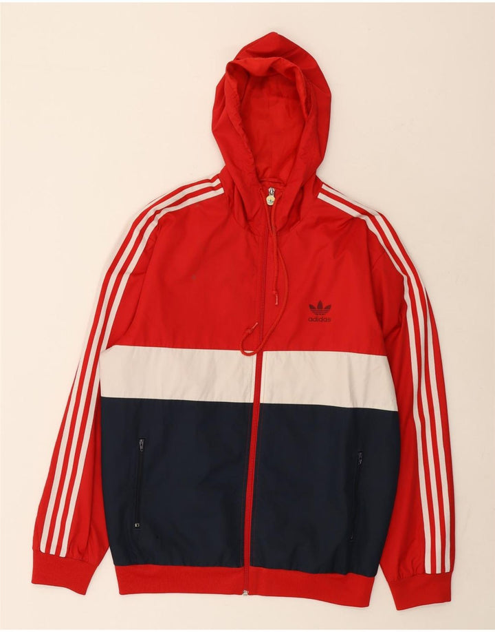 Adidas masculino moletom com capuz jaqueta superior poliéster colorblock vermelho médio