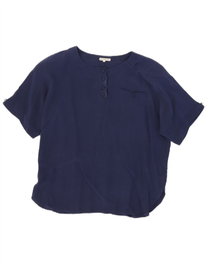 Blusa feminina vintage transparente Reino Unido 16 grande seda azul marinho