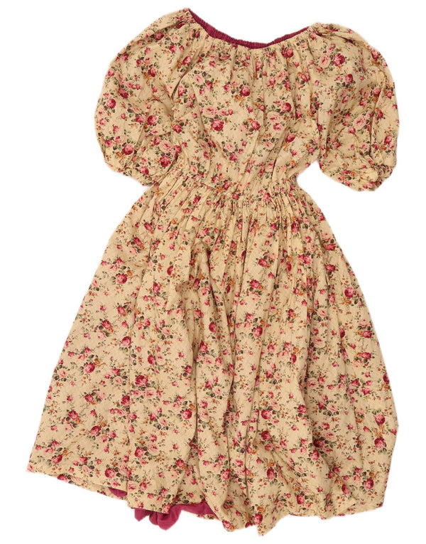 Vintage Womens Off Shoulder Dress UK 14 Large Beige Floral
