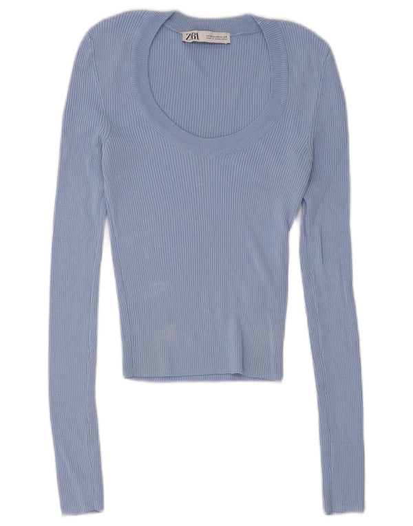 Top cropped feminino Zara manga comprida UK 4 XS azul viscose