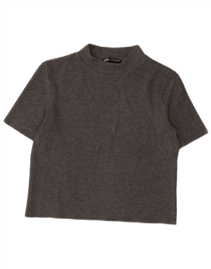 Zara Womens Crop T-Shirt Top UK 10 Pequeno Poliéster Cinza