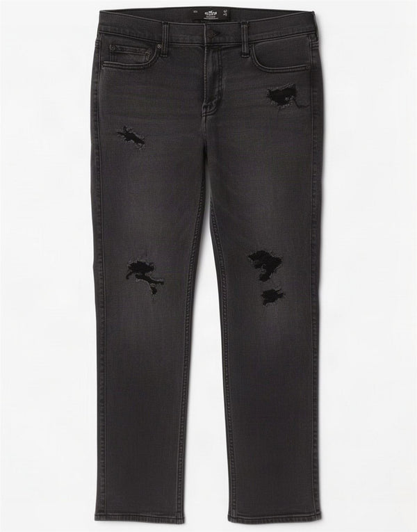 Hollister Mens Distressed Slim Fit Straight Jeans W32 L30 Algodão Cinza