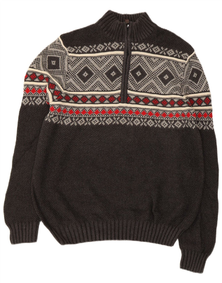 Suéter masculino IZOD com zíper e gola redonda, pequeno, cinza, Fair Isle, algodão