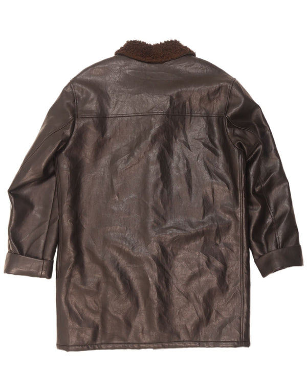Sobretudo masculino vintage de couro sintético Sherpa UK 42 XL preto micropolifil