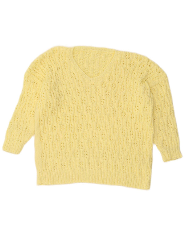 Suéter feminino vintage manga 3/4 com decote em V Reino Unido 16 grande amarelo