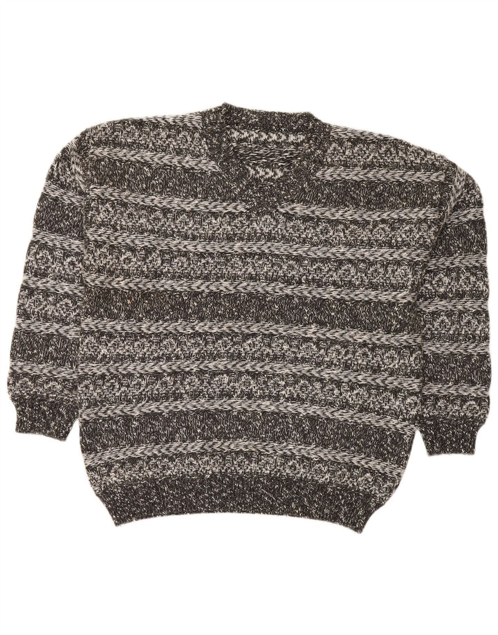 VINTAGE Mens V-Neck Jumper Sweater Medium Grey Fair Isle Cotton