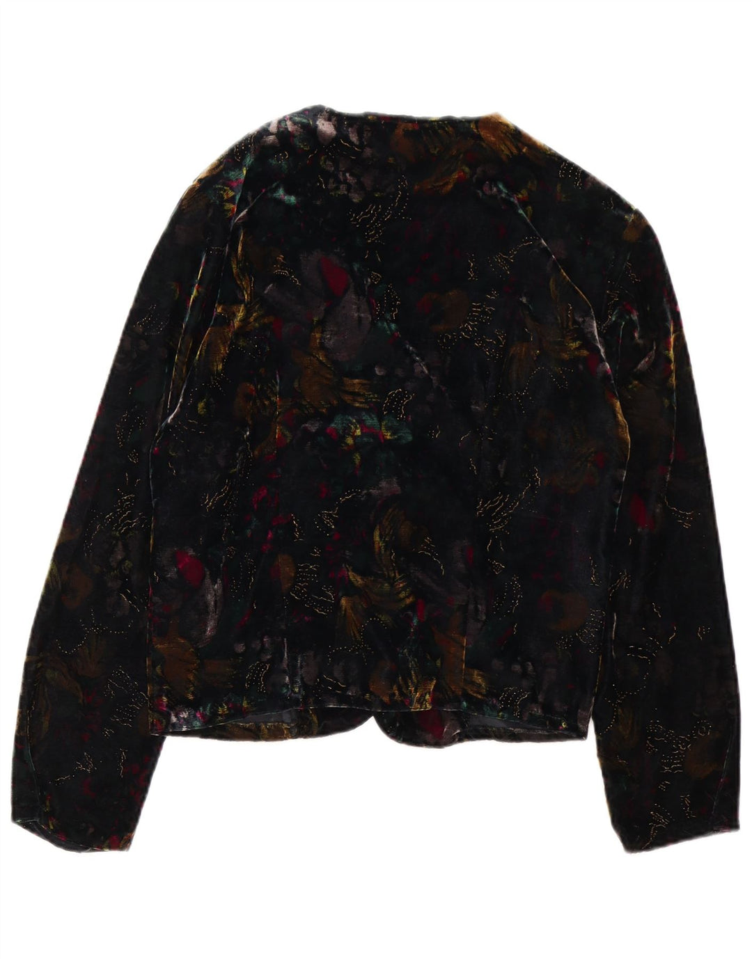 Jaqueta blazer de veludo aberta feminina vintage Reino Unido 14 floral multicolorido médio
