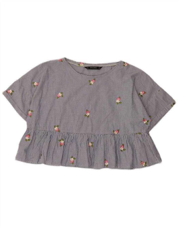 Zara Blusa feminina oversized crop top Reino Unido 10 algodão risca de giz azul pequeno